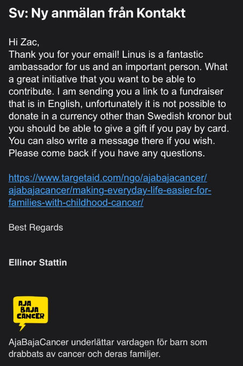 With Ullmark's return to the crease tonight, I wanna do a special #SensMOTB tonight. Thanks to <a href="/zacrez/">Zac R</a> for reaching out to AjaBajaCancer, a charity close to Ullmark's heart (see ottawacitizen.com/ottawa-senator…). They've setup this English donation site we can use: targetaid.com/ngo/ajabajacan…