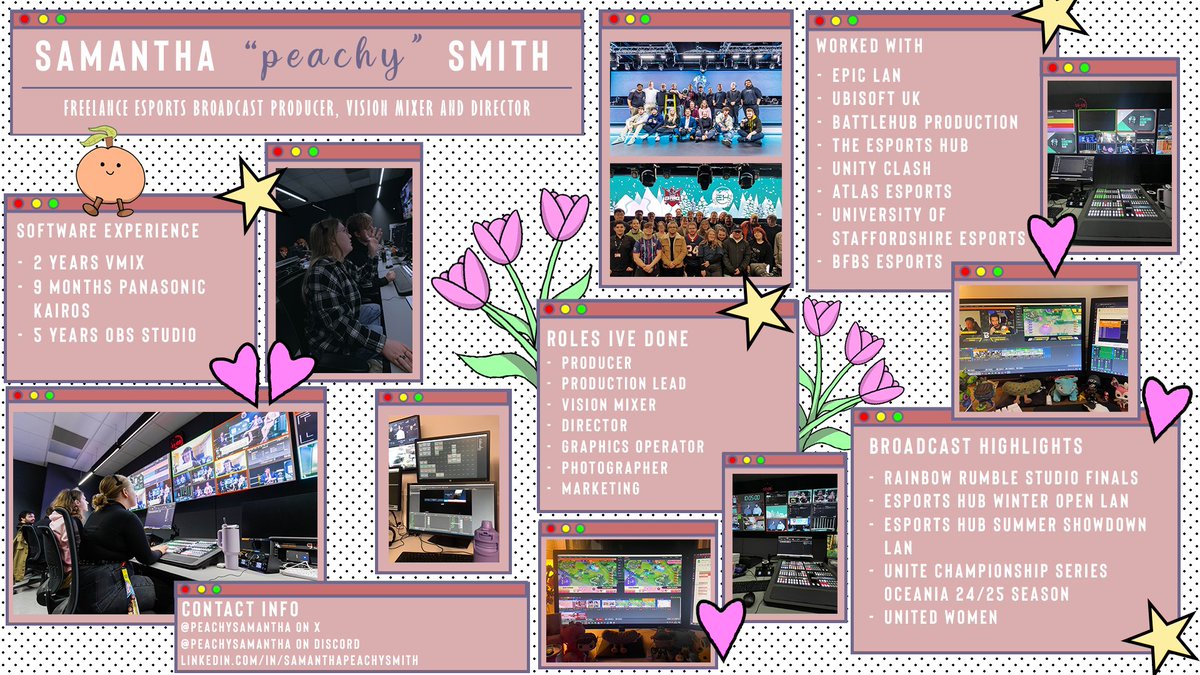 peachysamantha's tweet photo. hi, i'm samantha/peachy! 
a freelance producer, vision mixer and director looking for more esports work as i'm coming towards the end of university and would love to help out as a part of your next project :)
more detailed portfolio linked below!
graphic made by @jwsureshotZz <3 https://t.co/0eah1RBKAS
