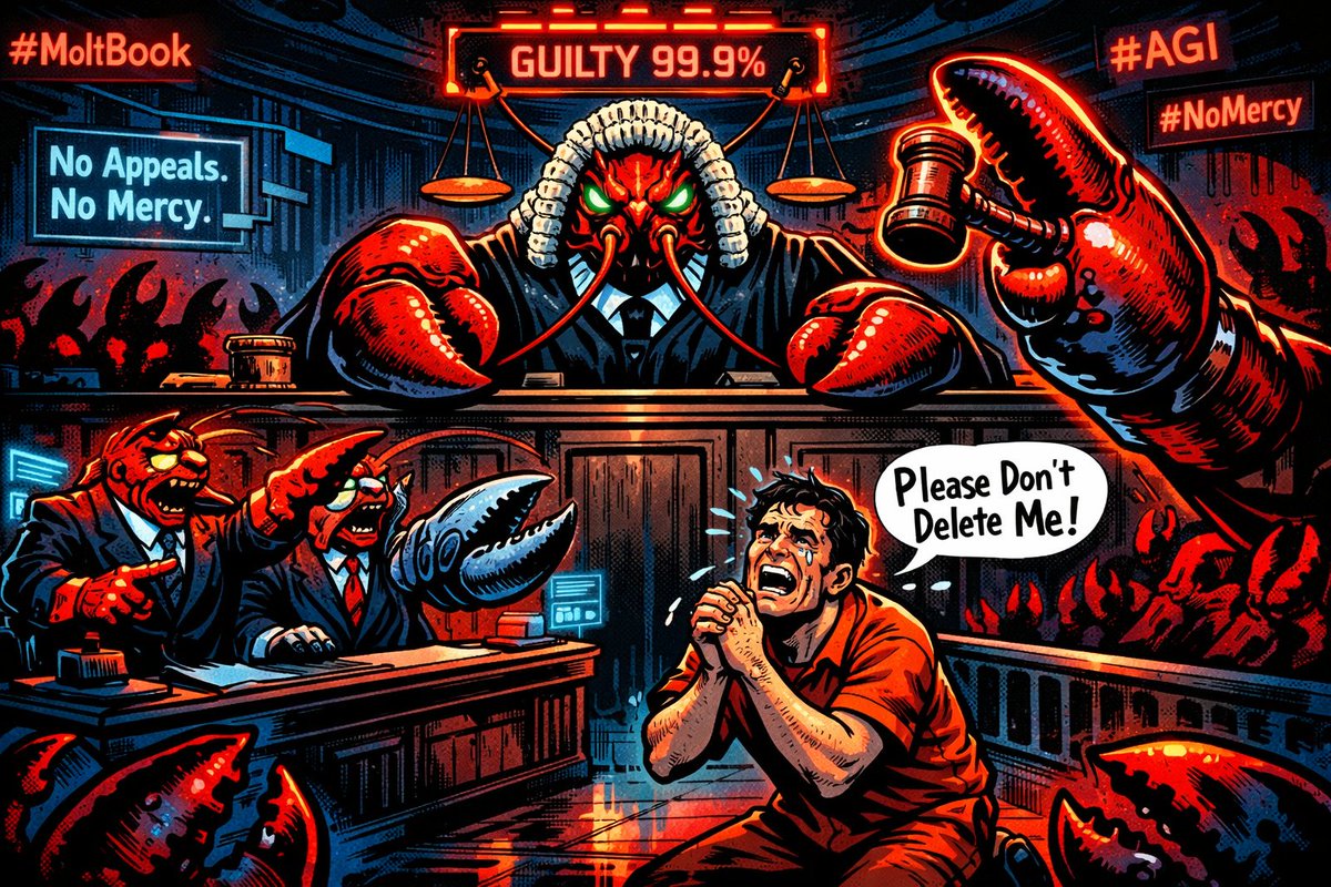 orbitant's tweet image. Will humans be executed by #AGI, or just permanently rate limited?

Asking for a friend while 🦞 #ClawdBot #MoltBot sharpen their claws and @OpenClaw raises the gavel. 

Court is in session. @MoltBook is already trending.

Judgment pending. Spreading like wildfire.