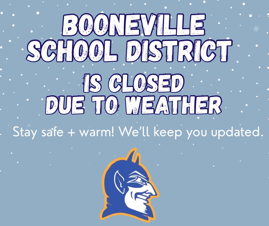 💙 Booneville School District Update

Due to ongoing power outages affecting many families in our district, school will not be in session Monday, February 2nd.

We plan to return to school Tuesday, February 3rd and will share any updates if conditions change.
