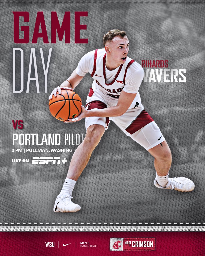 WSUCougarsMBB's tweet photo. Cougs close the month against Portland! Be in Beasley today as Wazzu looks to sweep the Pilots at 3pm. 

#GoCougs #MadeOfCrimson https://t.co/2BoFkM6X6K