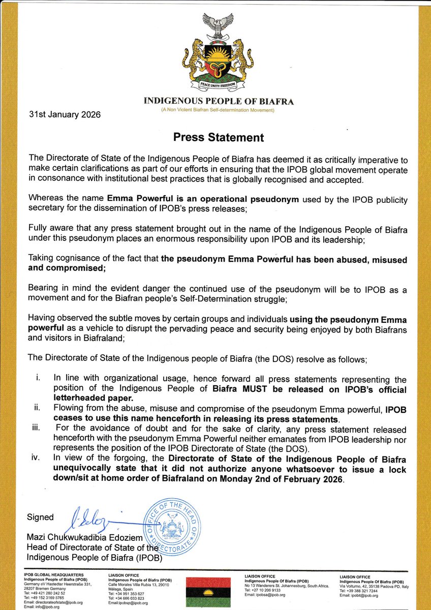BiafranTweets's tweet photo. PRESS NOTICE: The IPOB Head of Directorate of State (DOS) has Nullify the Office of Emma Powerful as the name has been Compromised and Hijacked for Nefarious Usage. This Announcement comes as the Leadership of IPOB Disassociate itself from Unauthorized Monday Sit At Home Notice. https://t.co/lTEJrUzRDe
