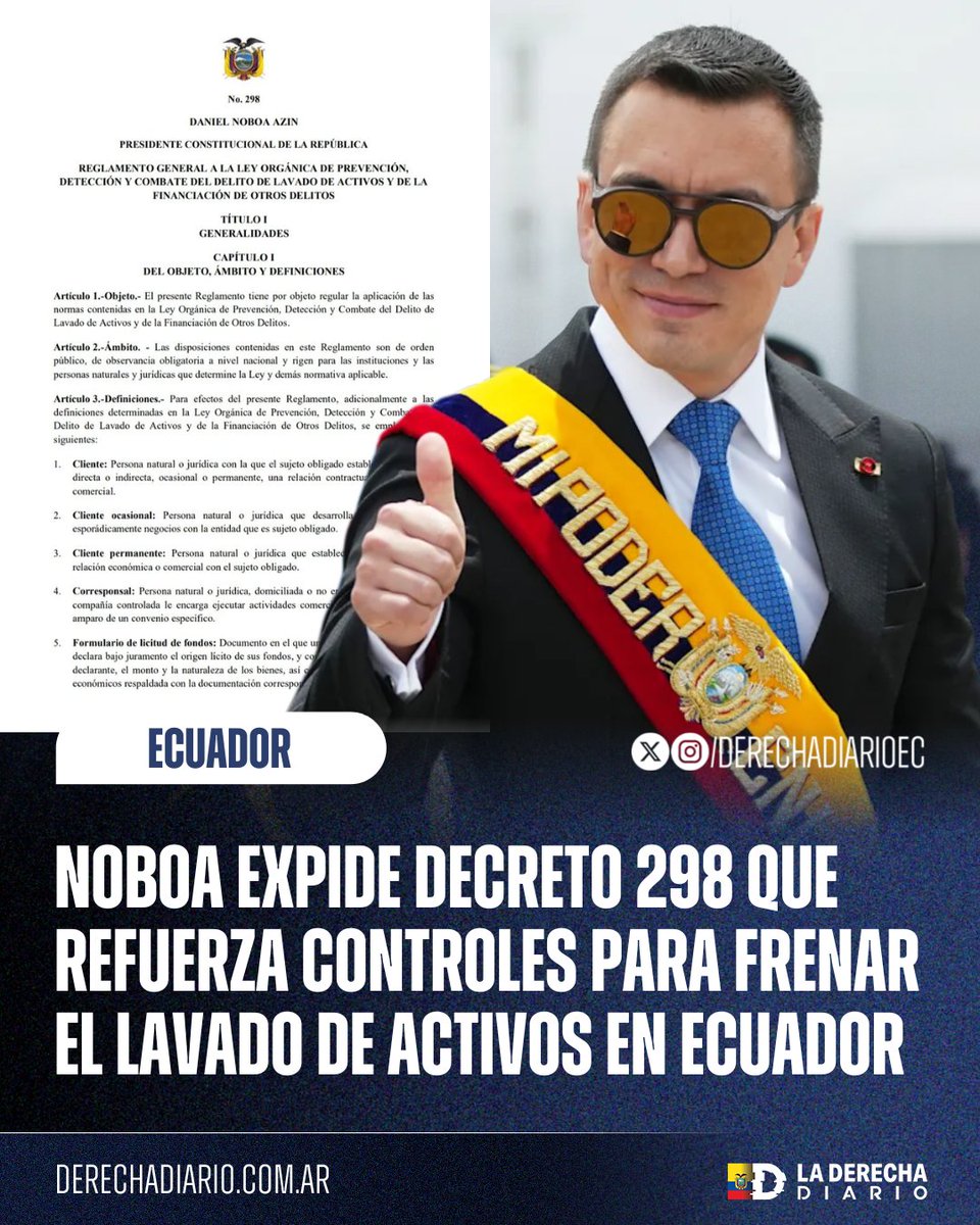 DerechaDiarioEC's tweet photo. 🚨🇪🇨 | NOBOA PONE FIN A LAS GRIETAS LEGALES QUE PERMITÍAN EL LAVADO DE ACTIVOS: El gobierno expide Decreto 298, donde bancos y Personas Expuestas Políticamente quedan bajo vigilancia estricta, se faculta la inmovilización de fondos ante indicios de delitos y se mantienen límites al uso de efectivo.