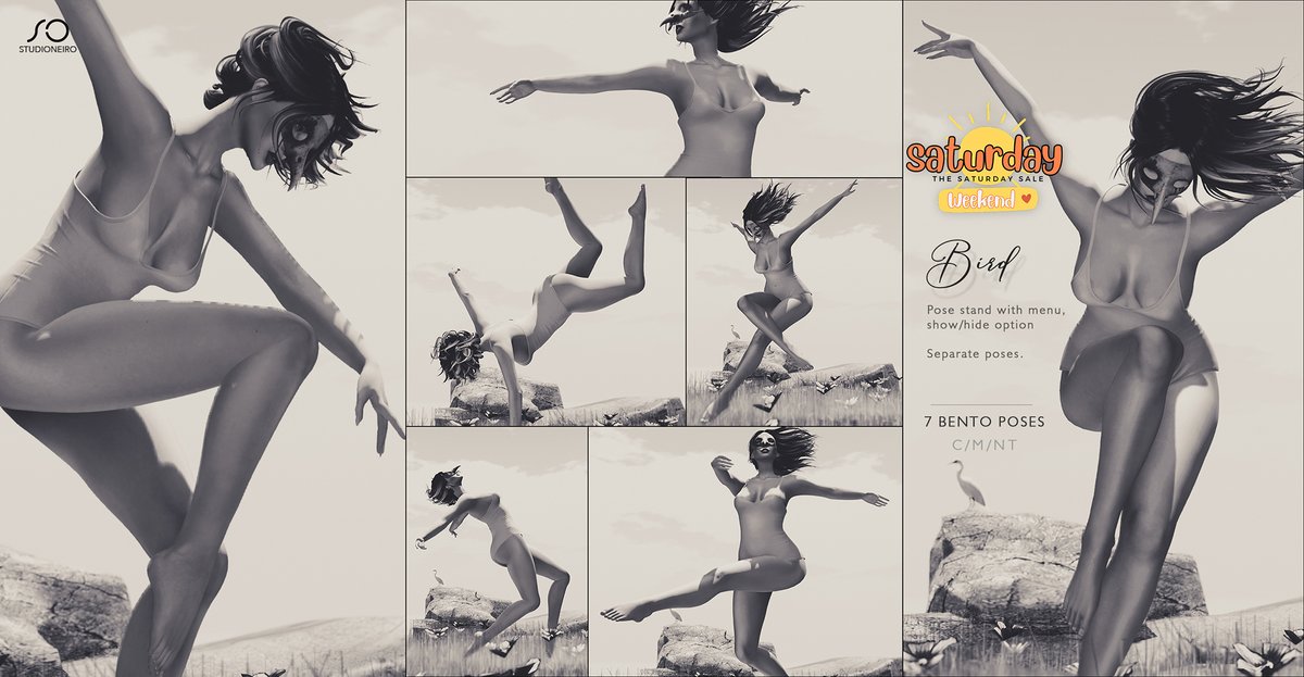 StudiOneiro's tweet photo. Take flight with Bird Bento set! Seven poses, endless freedom. Grab it this Saturday Sale and let your avatar soar! 🤍🖤
#slposes #SaturdaySale #studiOneiro #RUU. #SecondLife https://t.co/eJfZdUiqFI