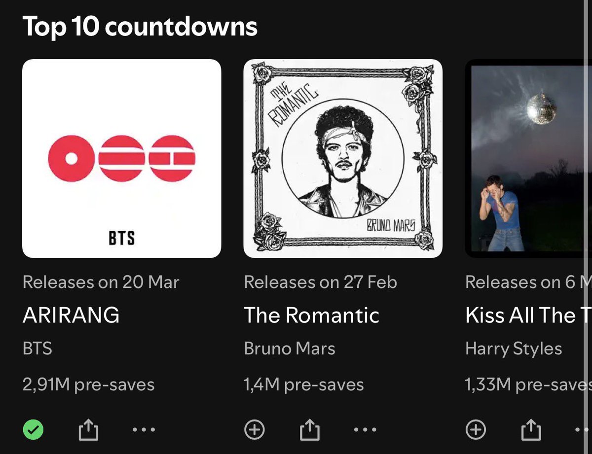 boracitybrc's tweet image. Most Pre-Saved Albums in Spotify’s History: 

1. Taylor Swift ‘TLOAS’ — 6M
2. @BTS_twt ‘ARIRANG’ — 2.91M* (+30k)

GAP: 3.09M🚨🆘
Days left: 47
Daily average needed: 80k🚨🆘

*Still Counting