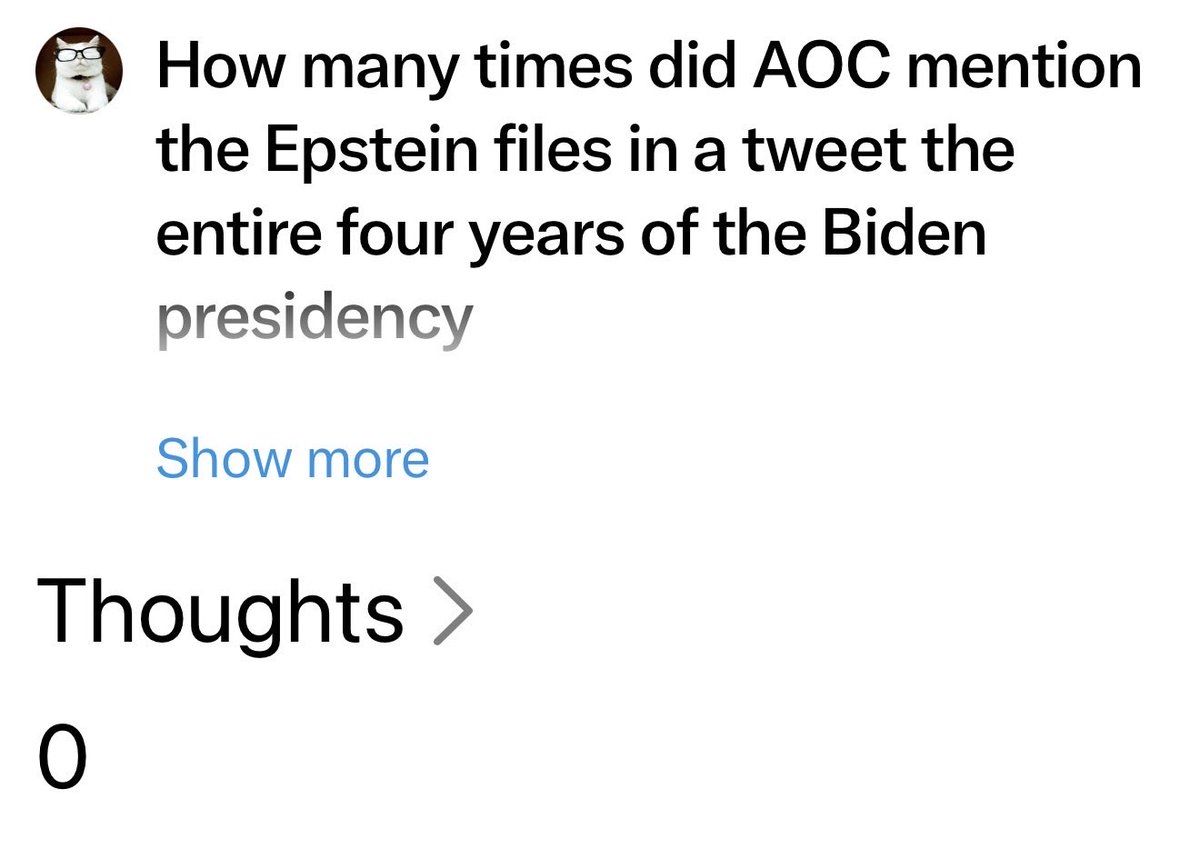 catturd2's tweet photo. @AOC Why did you have zero tweets about the Epstein files during the entire Biden presidency? https://t.co/iKk1OQ07Ut