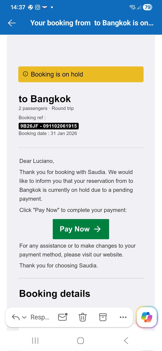 chanomaggiore's tweet photo. @Saudi_Airlines @whAlsahli @abdullahal5wi6r @vlixb @NNOSH0 @tane_2016 Please, could you help me with this reservation? Can I not finish it on the web? https://t.co/EXt6VL0mun
