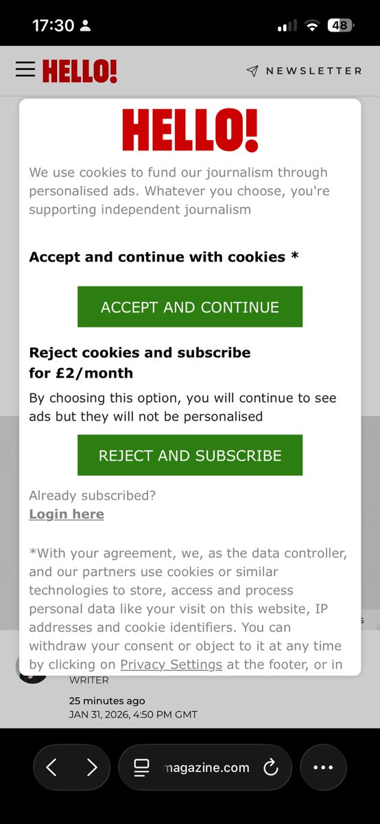 jonathanwithnoh's tweet photo. How is this freely given consent @ICOnews?  I have to give @hellomag my data, or pay, or not use their service - I can’t reject cookies without subscribing. Effectively this is equating my personal data to money, which doesn’t sound “free” to me… have you abandoned your post? https://t.co/FgegC07Myj