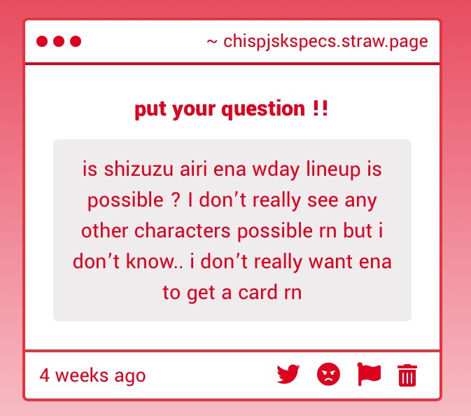 it is possible, however i am personally still prioritzing wxs meiko more, and therefore nene. shizuku could get anni, and ena could wait. i am expecting airi to be on wd banner!
