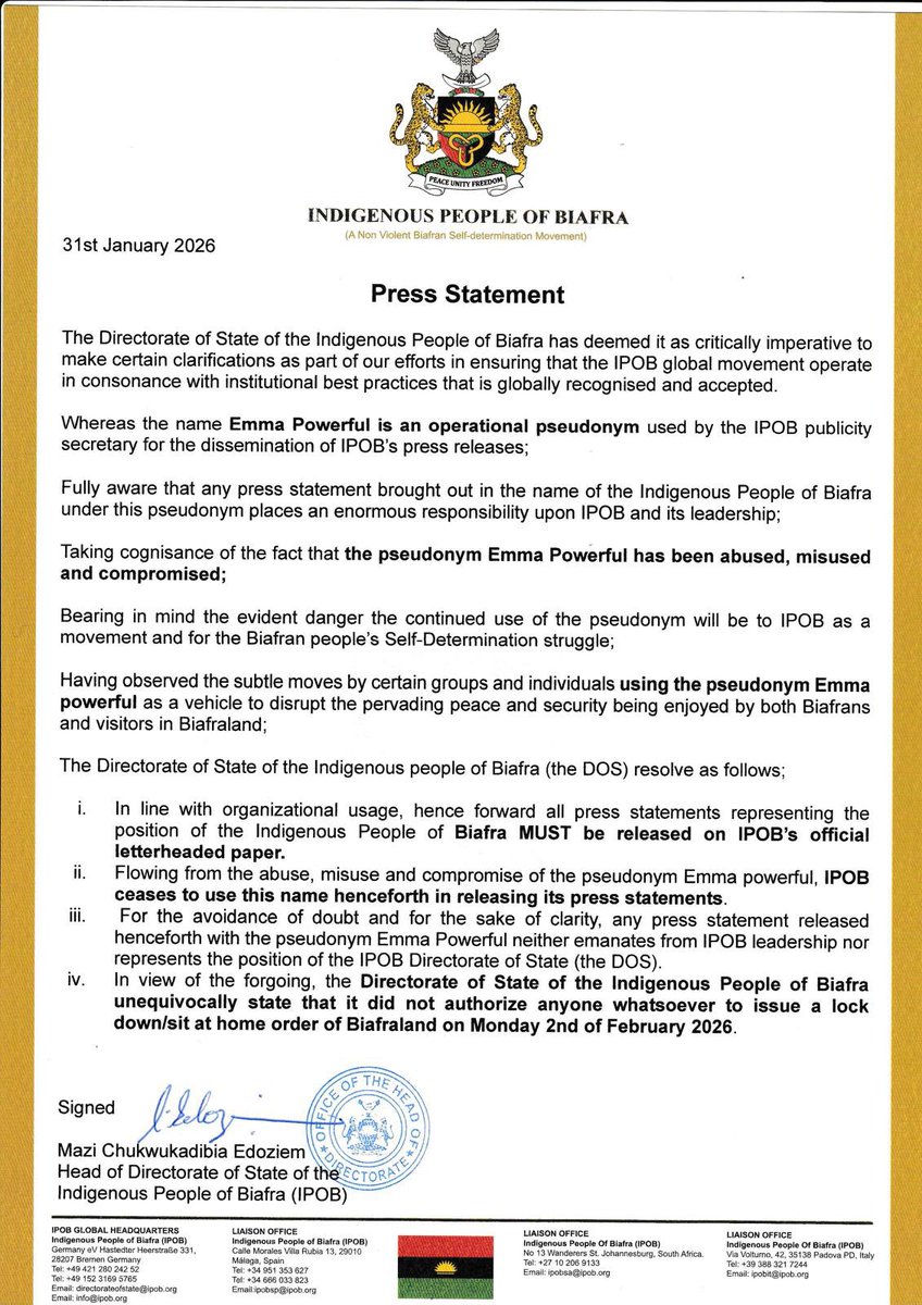 Biafrans please ignore the announcement that IPOB Worldwide called for   Monday sit-at-home starry from 2nd Feb, 2026. Please disseminate widely to those who were previously misinformed about the total lockdown. 
<a href="/vanguardngrnews/">Vanguard Newspapers</a> <a href="/real_IpobDOS/">Directorate Of State (DOS)</a> <a href="/thecableng/">TheCable</a> <a href="/SaharaReporters/">Sahara Reporters</a> <a href="/TheSun/">The Sun</a>