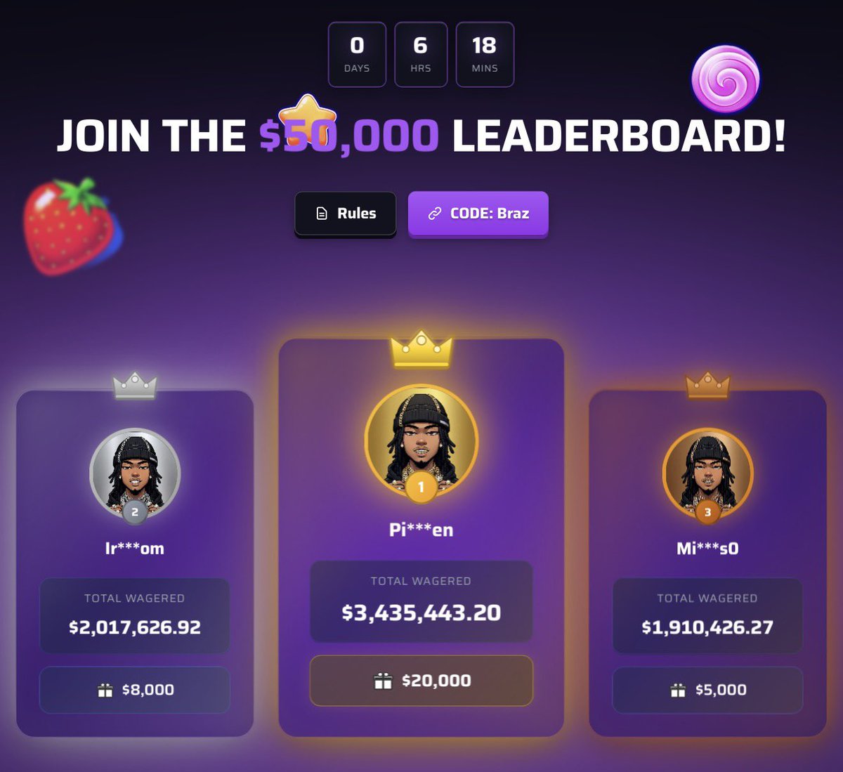 $50,000 MONTHLY WAGER LEADERBOARD ENDS IN 6 HOURS 

Climb the ranks &amp; get rewarded👉 brazrewards.com

Sending out tip💆‍♀️ Drop your <a href="/shufflecom/">Shuffle.com</a> username⬇️