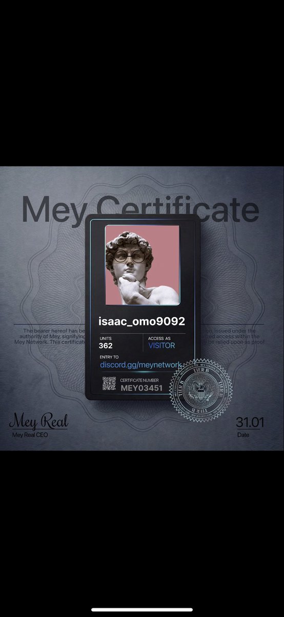 isaac_omo1's tweet photo. Entered MEY HQ with my **MEY Certificate** today.

Feels like one of those "early" moments.

What tier did you get?

@mey_network → https://t.co/2crGxhTwVs https://t.co/s6L0vEgaol