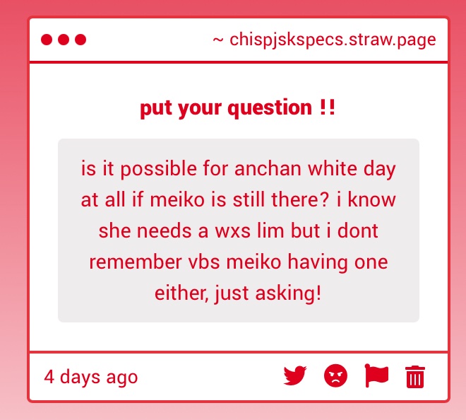 vbs meiko had a lim !! on an’s wedding a few years back. once again i will pioritize meiko wxs lim, so ill have to add a wxs member in too (nene). but an might get a shop card!!