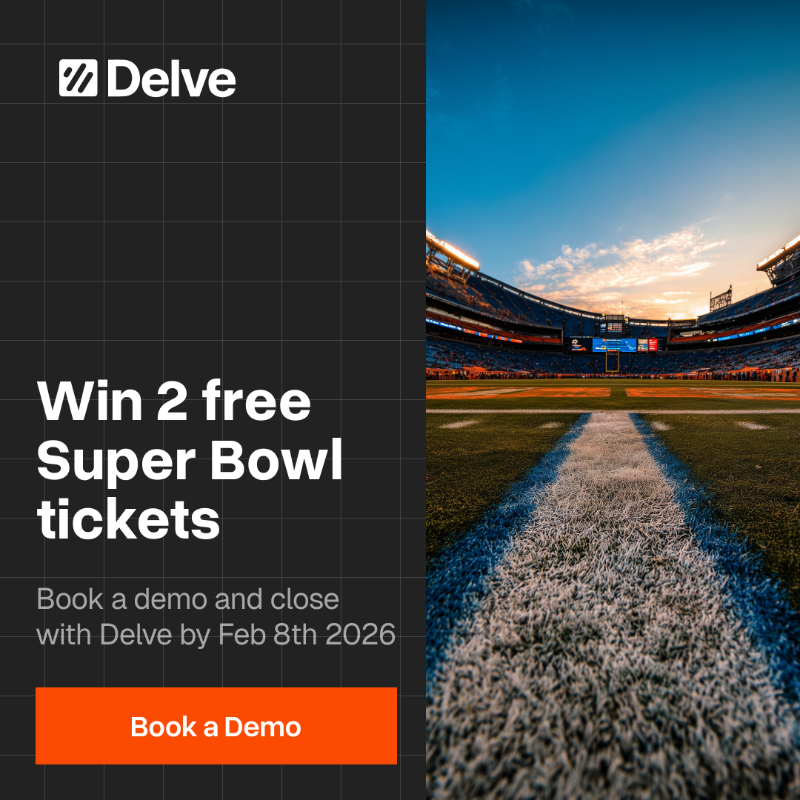 getdelve's tweet photo. Win 2 FREE Super Bowl tickets! 🏈 Book a demo with Delve and close by Feb 8th to enter. Don’t miss your shot at the biggest game of the year.