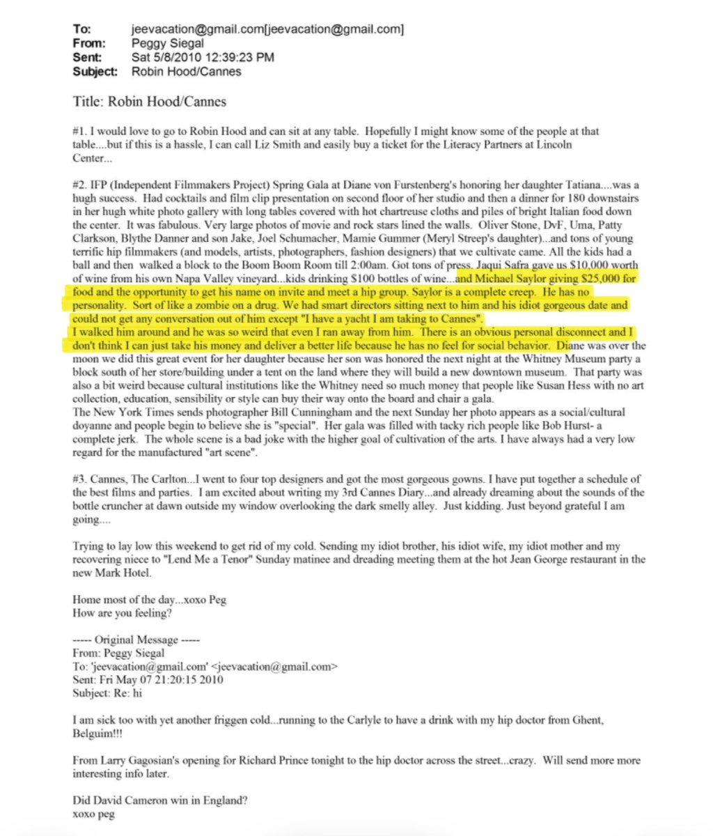 AutismCapital's tweet image. Michael Saylor got cooked by Epstein’s publicist Peggy Siegel who basically said

“He’s so creepy I don’t even know if I can take his money I don’t even know how to blackmail him he has no personality and doesn’t understand social behavior.”

Michael Saylor was saved by his…