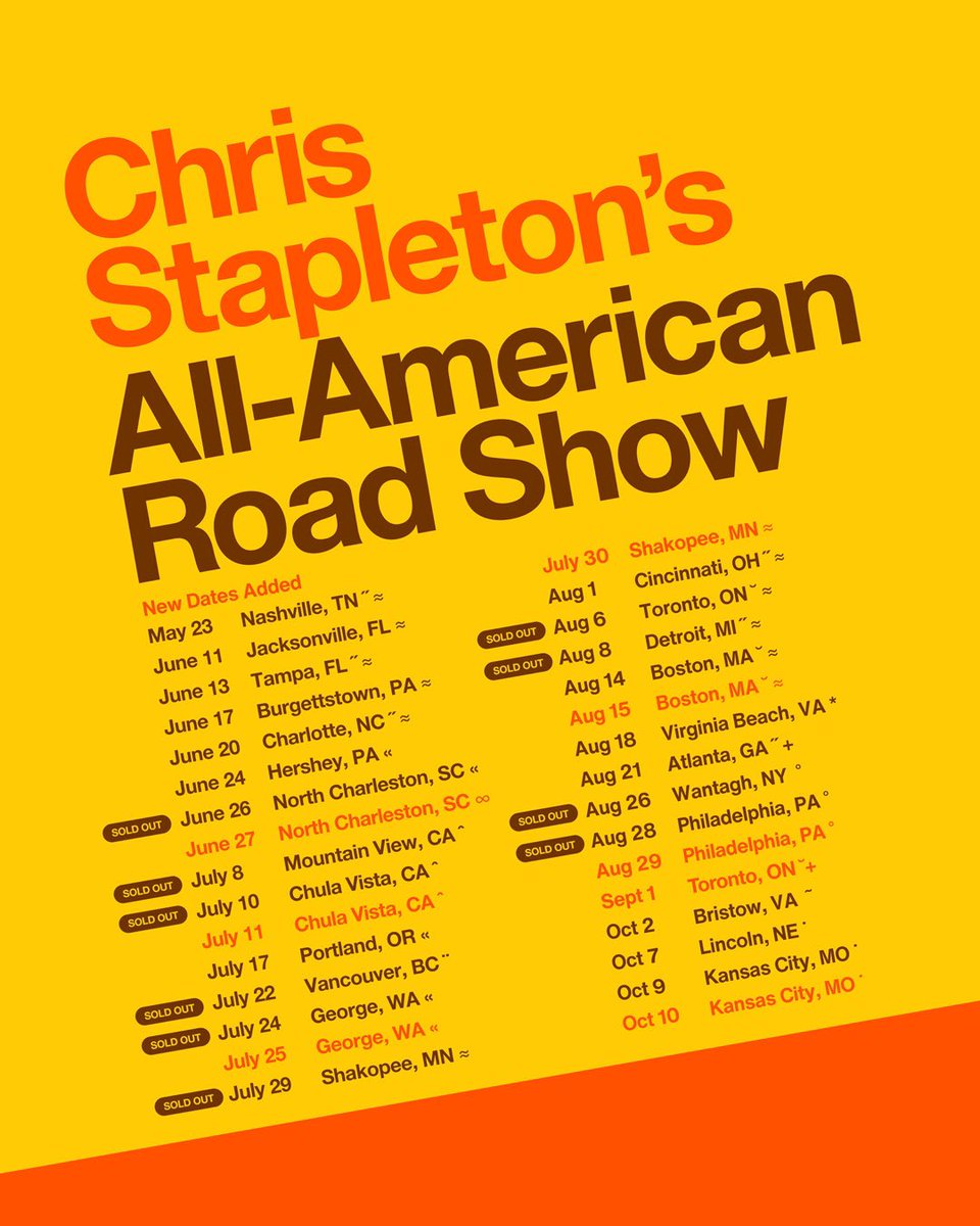 mcsuperstyle's tweet image. ON SALE TODAY: New 2026 All-American Road Show dates. Tickets, VIP, and travel packages available at 10am local time. 

August 15 - Boston, MA
August 29 - Philadelphia, PA
September 1 - Toronto, ON
October 10 - Kansas City, MO

ticketmaster.com/chris-stapleto…
#AllAmericanRoadShow