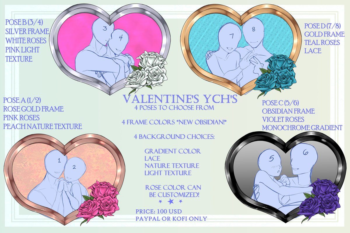 THE MOMENT YOU HAVE ALL BEEN WAITING FOR IS HERE! (I mean probably anyway, idk It's been a while since I've done any YCHs)

Valentines frames are back, with new poses, and a new frame! I am only taking 10 slots this year, and 3 are spoken for, so that leaves 7! See details below!