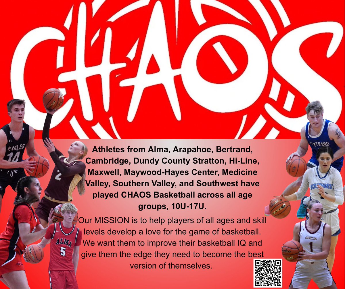 🏀The Nebraska Chaos Basketball  program is designed to help players reach that next level, from beginner to intermediate to advanced.  They will help your student-athlete learn basic to complex techniques to advance their game in basketball. 🏀

Scan the QR code on the image to