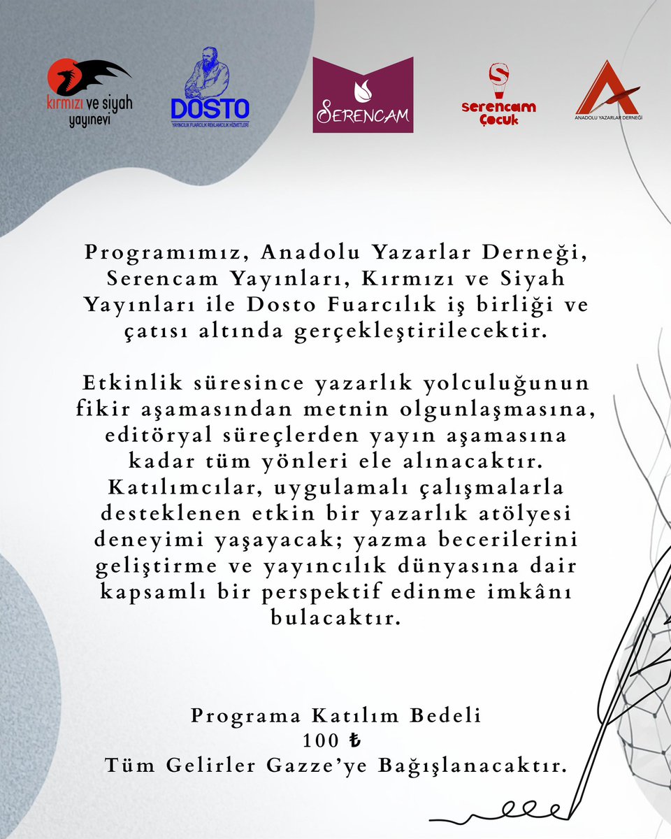 Online yazarlık ve edebiyat atölyemiz başlıyor. Lise seviyesi ve genel kategoride herkes katılabilir. Başvuru linkini ekliyorum, kimse bu işin dışında kalmasın, çok güzel şeyler konuşacağız: 
docs.google.com/forms/d/e/1FAI…
