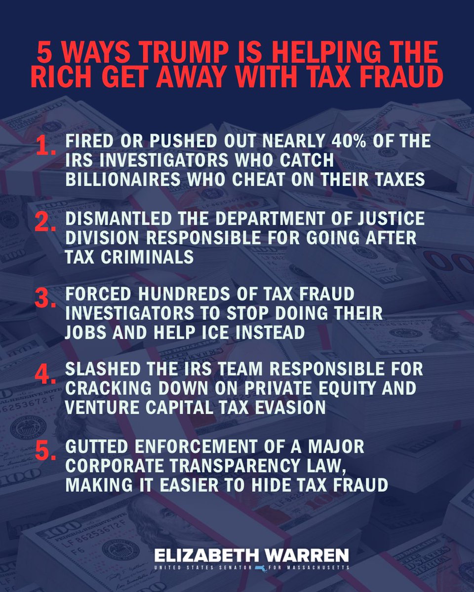 SenWarren's tweet photo. Dreading doing your taxes? Billionaires aren’t.

While Trump does nothing to lower the cost of living for you, he's making it even easier for billionaires to get away with cheating on their taxes. https://t.co/RATPkStlZw