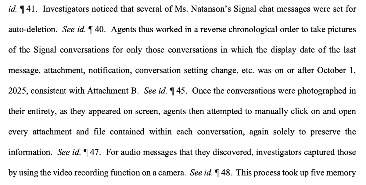 The FBI was able to access Washington Post reporter Hannah Natanson's Signal messages because she used Signal on her work laptop. The laptop accepted Touch ID for authentication, meaning the agents were allowed to require her to unlock it. storage.courtlistener.com/recap/gov.usco…