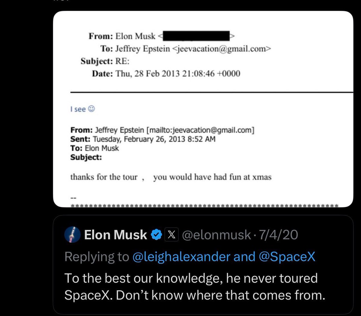 <a href="/elonmusk/">Elon Musk</a> Why give Epstein a tour of SpaceX 5 years after he was a known predator? And why lie about it?