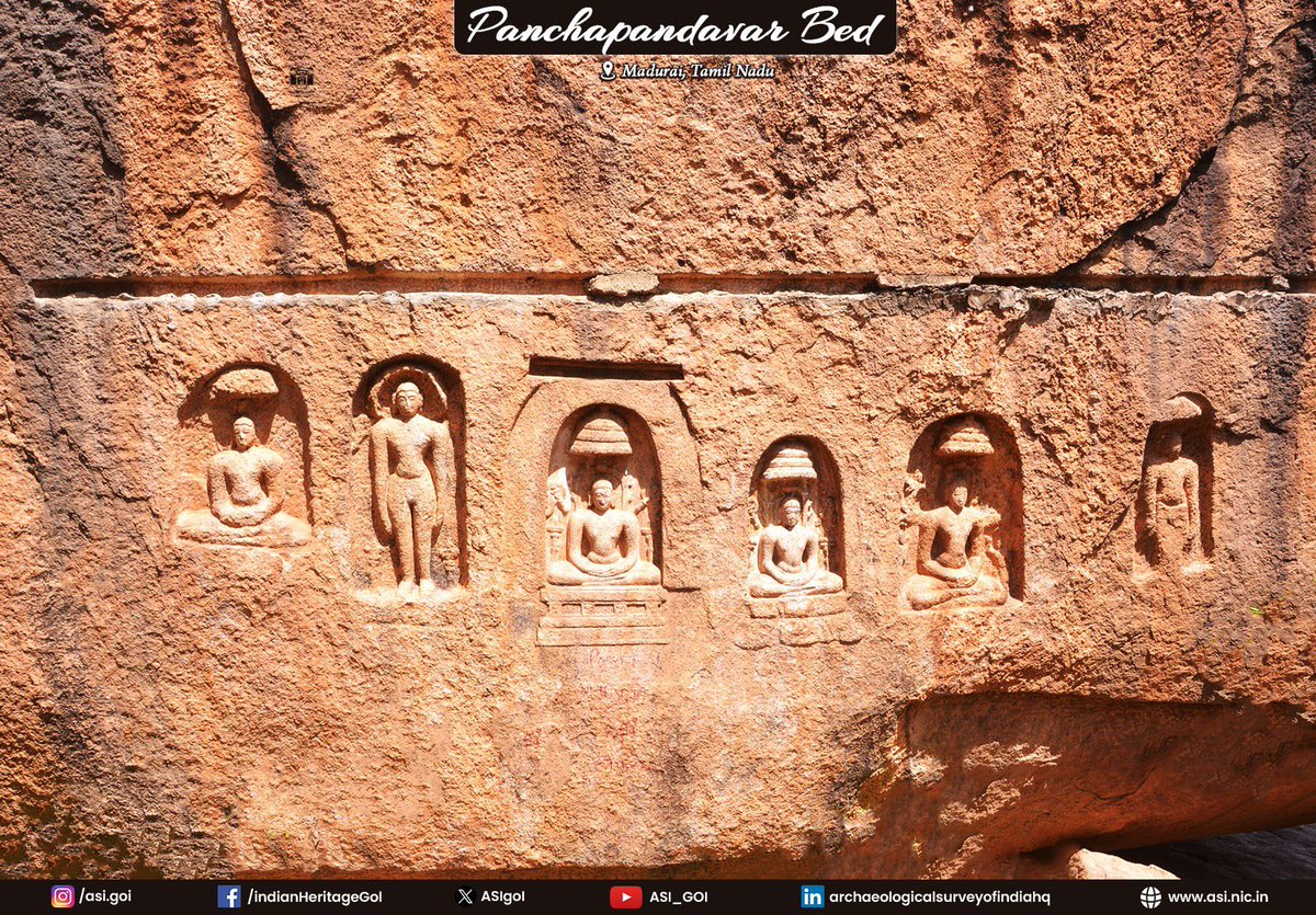 ASIGoI's tweet photo. Panchapandavarmalai, located near Kilaiyur and Kilavalavu, around forty kms. from Madurai district, is an important archaeological site.

A group of boulders spread between the villages preserves numerous remains of stone beds dedicated to Jain ascetics, along with bas-relief sculptures of Jain Tirthankaras and teachers.

The bas-reliefs depict the Tirthankaras either in seated or standing postures. The seated figures are accompanied by the usual chauri-bearers and attendant deities. Some of the images also show traces of paintings. One of the shelters located in the middle portion of the hillock contains 2nd-3rd cen. CE Brahmi label inscription carved below the drip ledge, recording the donation of a stone bed by an individual from Thondi, an early historic port site. In addition, a Vatteluttu inscription dating to the 9th century CE records the carving of the images.
