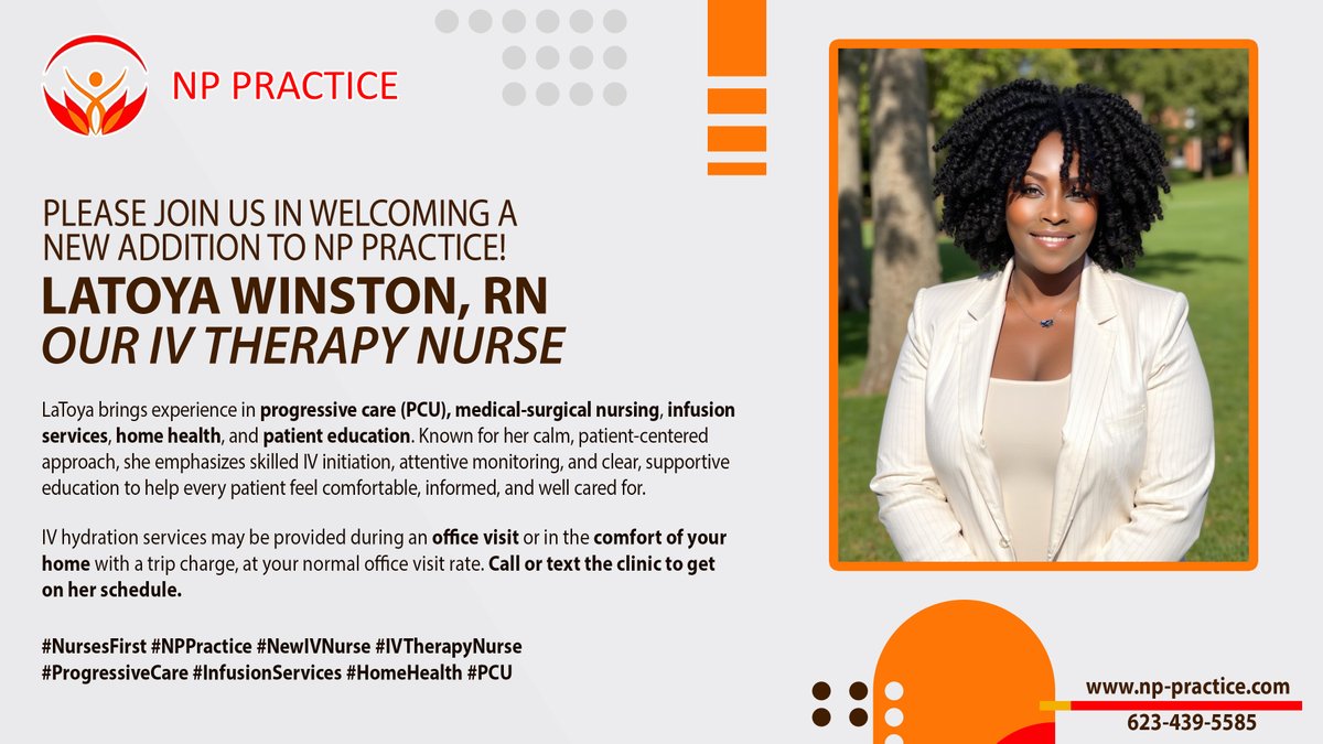 NP_Practice_'s tweet photo. Welcome LaToya Winston, RN to NP Practice.

Our IV Therapy Nurse with experience in PCU, infusion services, and home health.

IV hydration in office or at home.

📞 (505) 234-6144
🌐 https://t.co/Z0aLy9Zsvr

#NursesFirst #NPPractice #IVTherapy https://t.co/apKUzuDnXV