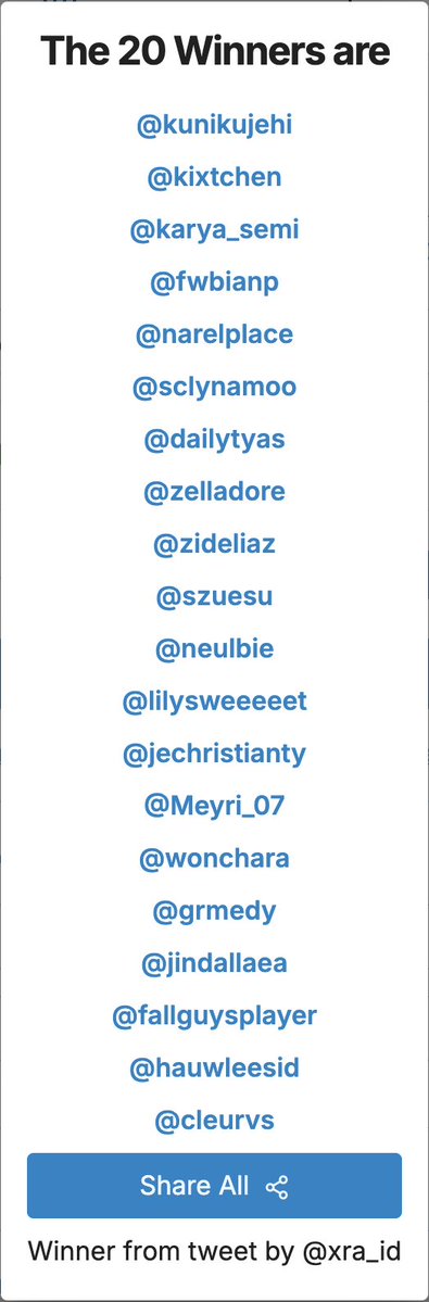 xra_id's tweet image. Halo! Selamat kepada pemenang:
@kunikujehi
@kixtchen
@karya_semi
@fwbianp
@narelplace
@sclynamoo
@dailytyas
@zelladore
@zideliaz
@szuesu
@neulbie
@lilysweeeeet
@jechristianty
@Meyri_07
@wonchara
@grmedy
@jindallaea
@fallguysplayer
@hauwleesid
@cleurvs

Silakan DM ke aku ya…