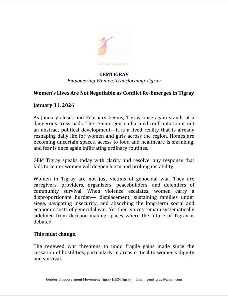 WegahtaFacts's tweet photo. #Tigray: Renewed fighting in Tigray is once again reshaping daily life for women and girls, the @GemTigray said on Saturday.

The group urged civilian protection, humanitarian access and inclusion of women in peace efforts &amp; accountability are critical.

Read full statement:👇🏾 https://t.co/ttNIV2pX8R