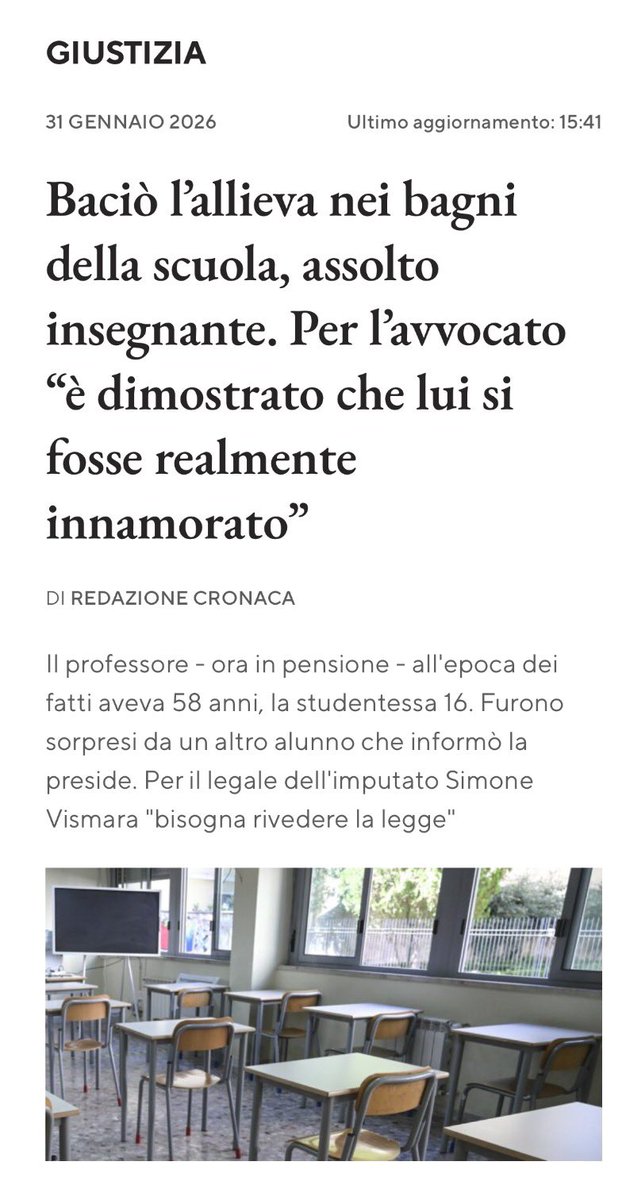 Frances99687883's tweet photo. Lui 59enne,sposato; lei 16enne in condizione di fragilità familiare. Condannato in primo grado a 3 anni e 9 mesi,#assolto in Appello: nessun #abuso,il #professore era #innamorato. Gli verranno anche rimborsati i 10mila euro pagati alla vittima come provvisionale. Mi pare grave. https://t.co/bfKgScXRQA