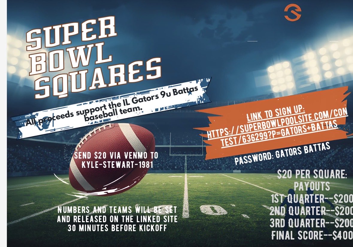 Super Bowl squares. $20/square. Let me know if you want one.