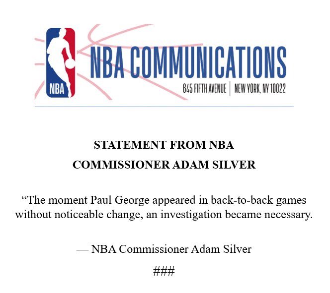 TheNBACentel's tweet image. NBA statement on Paul George:
