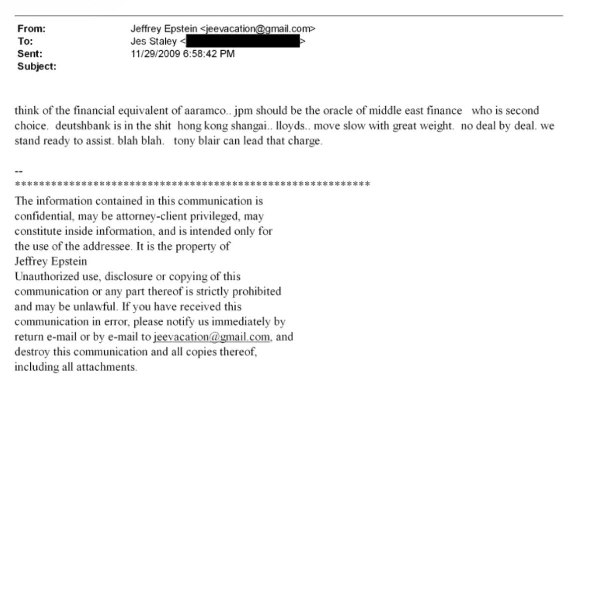 Jeffrey Epstein was trying to make Tony Blair the absolute monarch of the Middle East as early as 2009.