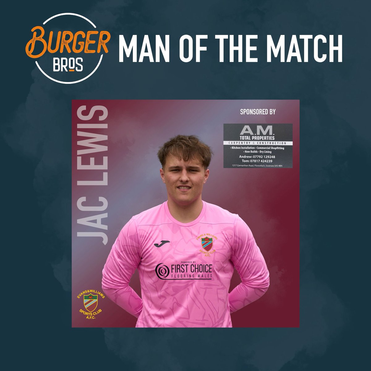 EvansWilliamsFC's tweet image. 𝘽𝙪𝙧𝙜𝙚𝙧 𝘽𝙧𝙤𝙨 𝙈𝙊𝙏𝙈

A strong defence performance see’s us pick up all three points against Cardiff Airport. Today’s Burger Bros Man of the Match is Jac Lewis who is sponsored by A.M Total Properties.

#Albies