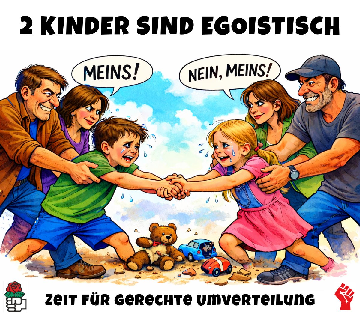 𝗪𝗲𝗿 𝗯𝗿𝗮𝘂𝗰𝗵𝘁 𝘀𝗰𝗵𝗼𝗻 𝘇𝘄𝗲𝗶 𝗞𝗶𝗻𝗱𝗲𝗿?
Umverteilung endet erst, wenn nichts mehr privat ist.

Kaum ein Tag vergeht, keine Talkshow, keine politische Forderung, ohne dass sie beschworen wird: die Notwendigkeit, die Moral und die angebliche Gerechtigkeit der