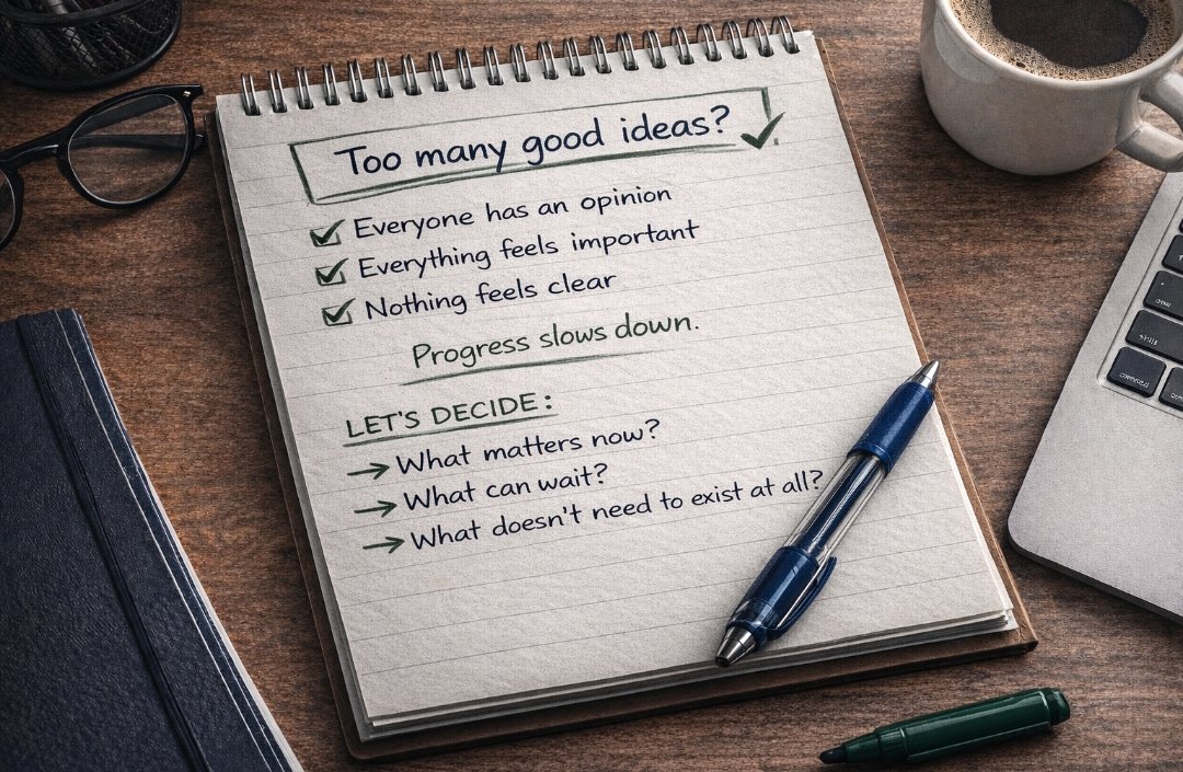 Most product problems don’t come from bad ideas.
They come from too many good ones competing at once.

Progress stalls when nothing is chosen.

My job is helping teams decide what matters now, what can wait, and what shouldn’t exist.

Clarity moves products forward.