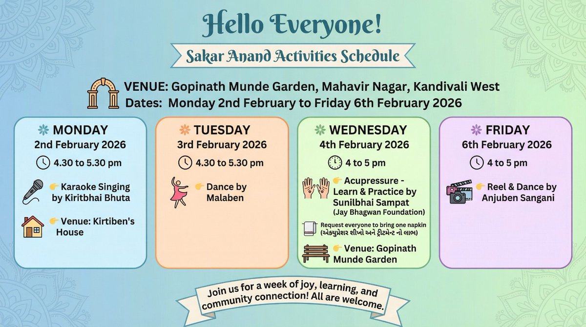 SakarFoundation's tweet photo. We warmly invite you to join these activities. Please feel free to contact us at 9320728443 for more details.  

#kandivali #kandivaliwest #kandivaliwest #mahavirnagar #borivali #borivaliwest #borivaliwestmumbai #malad #sakartrust #sakartrustwellness https://t.co/FA6CFDrN80