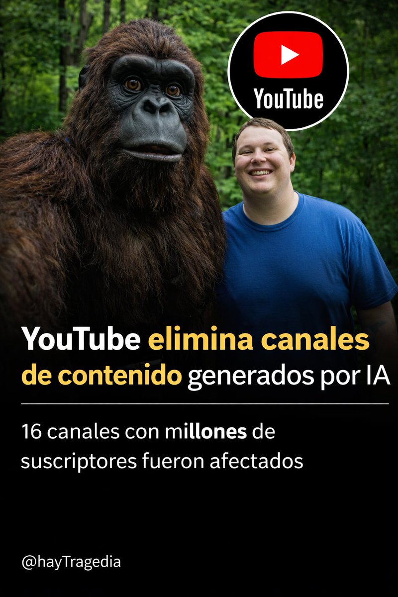YOUTUBE empezó a borrar canales completos por “basura de IA” 🚫🤖

Al menos 16 canales perdieron MILLONES de suscriptores tras abusar de contenido automático sin valor humano 📉⚠️

La advertencia es clara: la #IA no es el problema, el abuso sí.

 #YouTube #hayTragedia