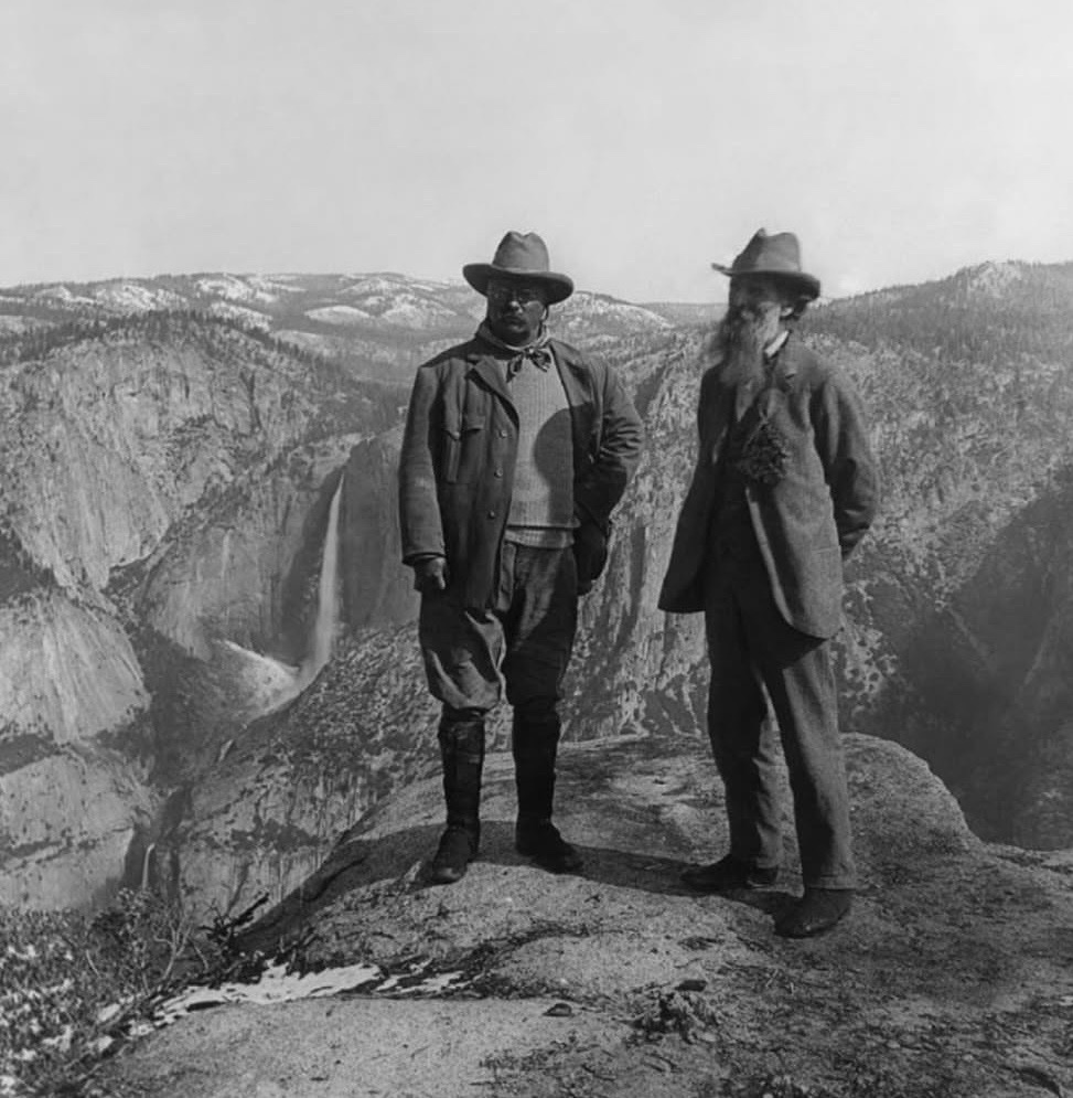 Theodore Roosevelt and John Muir at Yosemite photographed together in 1903..

In 1903, President Theodore Roosevelt spent three days camping in Yosemite National Park alongside naturalist John Muir, sleeping outdoors without tents or formal security. Muir intentionally led