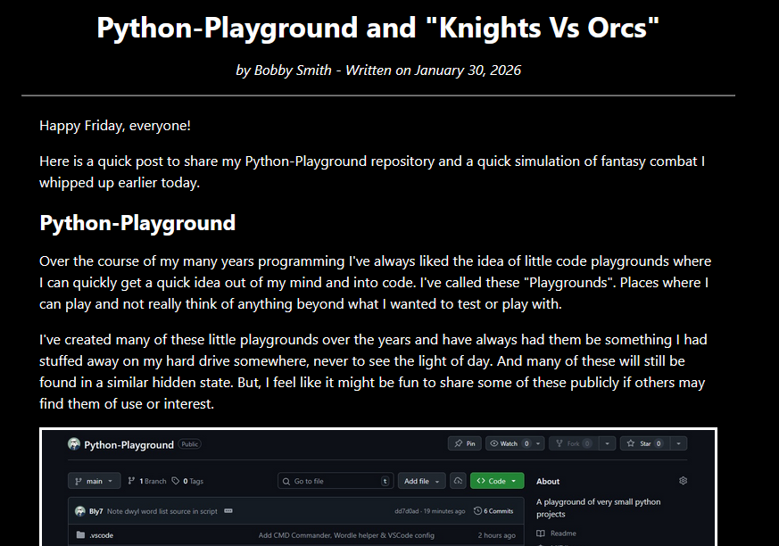 A new blog post has just been released! This one is on my Python-Playground repository and "Knights Vs Orcs" sim I've added to it.

rlsoft.dev/blog/2026/1/Py…