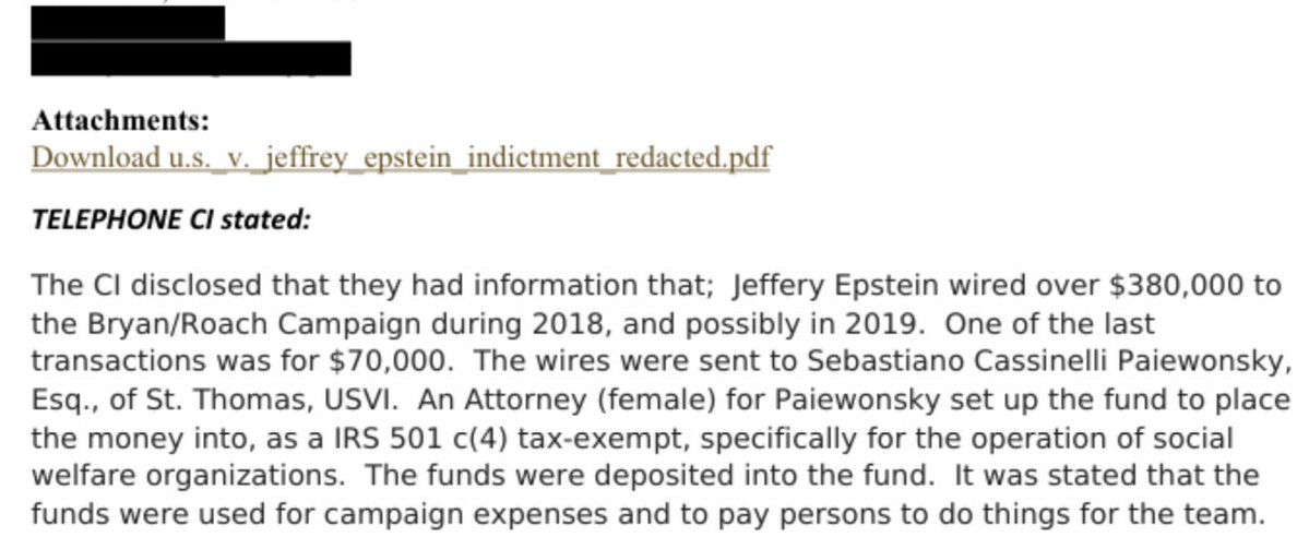 lhfang's tweet image. Just released DOJ doc shows informant claimed Epstein used a dark money group to wire $380,000 to the 2018 campaign of Albert Bryan, now the sitting governor of the Virgin Islands. Bryan is the gov who fired the local attorney general leading Epstein-related investigations.