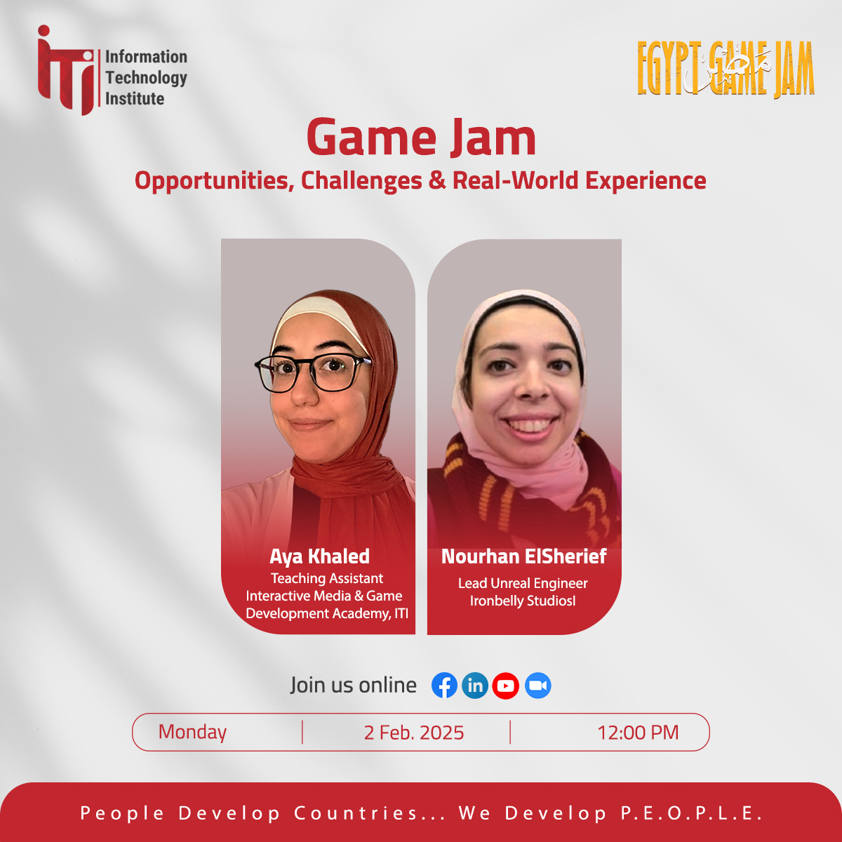 انضموا إلينا يوم الإثنين 2 فبراير، الساعة 12:00 ظ، في محاضرة بعنوان:
Game Jam (Opportunities, Challenges &amp; Real-World Experience)

عبر Zoom:
iti-mcit.zoom.us/j/4959206443?p…

للتسجيل في الـ Game Jam 2026:
egj2026.framer.website

#MCIT #ITI #GameJam #GameDevelopment