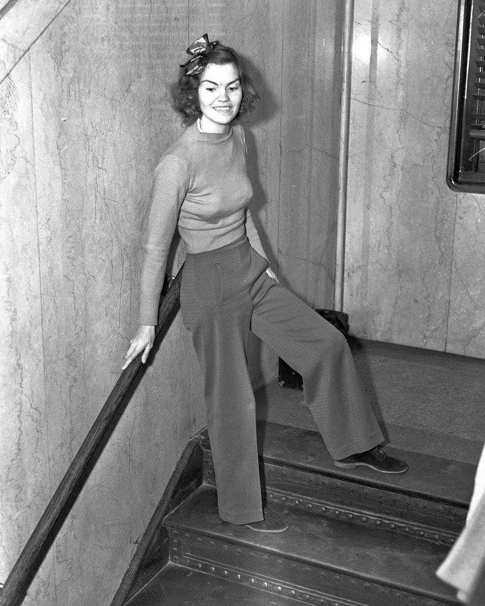 This is Helen Hulick, a burglary witness, who caused a stir in a downtown LA courtroom by wearing slacks in 1938.⁣...
⁣
Hulick was quoted in the LA Times saying, “You tell the judge I will stand on my rights. If he orders me to change into a dress I won’t do it. I like slacks.
