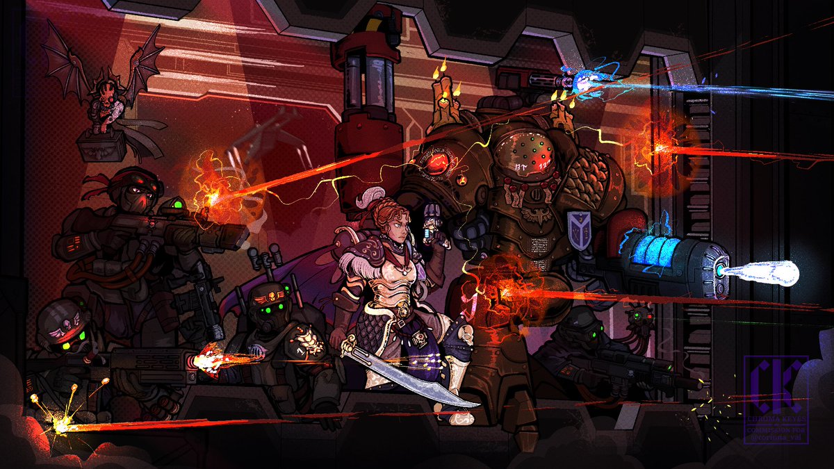 Chroma_Keyes's tweet photo. Rogue Trader Helena, BT-121 and her retinue of Navis Raiders leading the boarding action on a unknown heretic vessel. 

Commissioned for @corinna_val 
#warhammer40k #RogueTrader #WarhammerArt https://t.co/qM5PdsxQDc