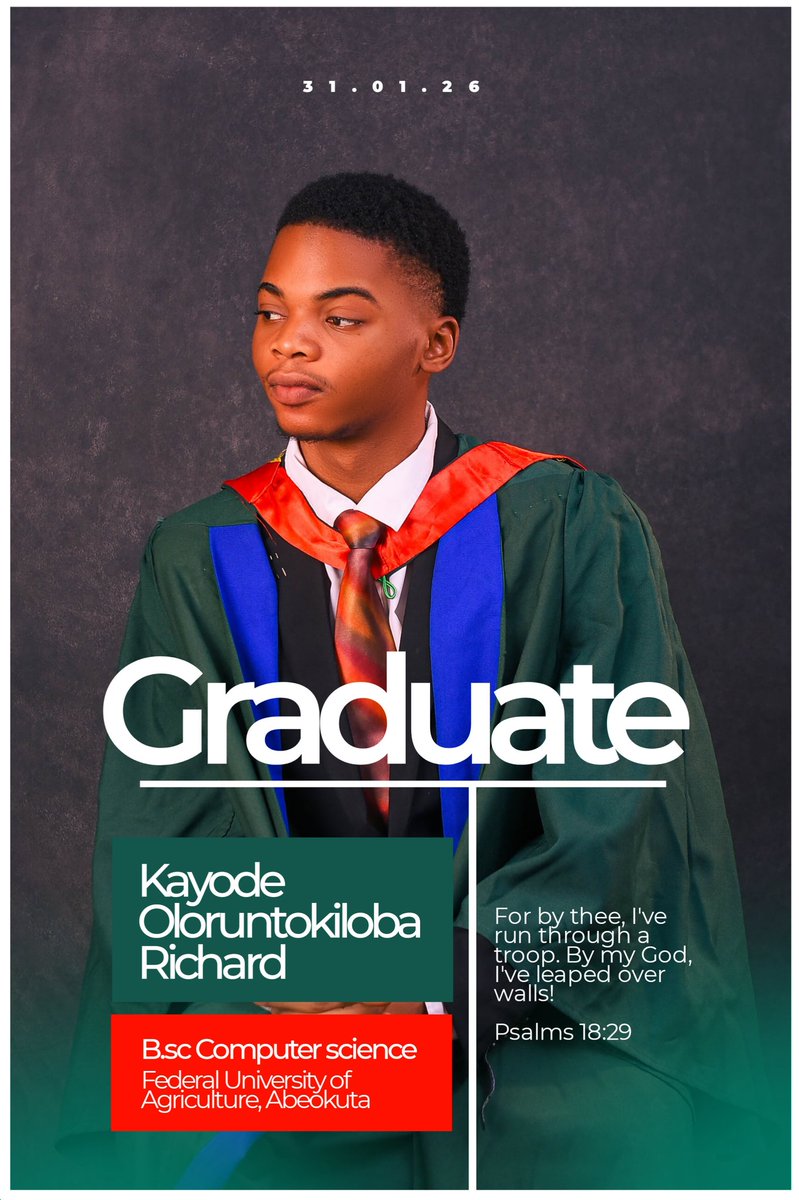 tokiloba's tweet photo. Four years of grit, growth and greatness.  

I'm grateful to God, my family, friends and loved ones.

Kayode Oloruntokiloba Richard GMCPN, https://t.co/RTnvVTCOcB Computer science (Federal University of Agriculture, Abeokuta).

#FUNAAB33rdConvocation
#FunaabClassof25 https://t.co/DkOlvJUPMh