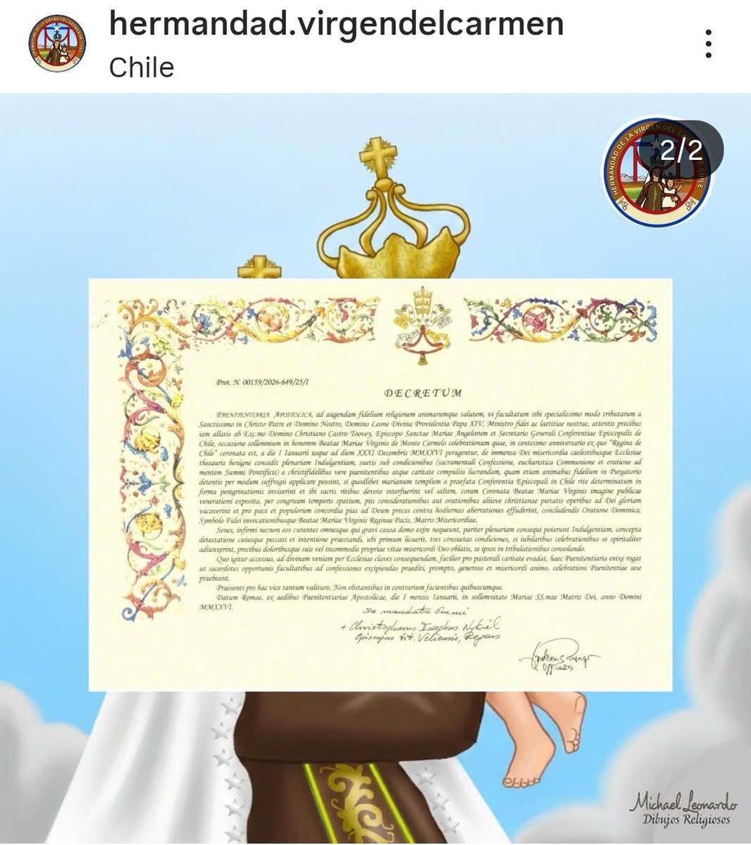 Santa Sede concede indulgencia plenaria para Chile en el centenario de la coronación de la Virgen del Carmen como Reina, Madre, Generala y Patrona de Chile🙏
Virgen del Carmen Reina de Chile, salva a tu pueblo que clama a ti🇨🇱‼️
Responde Amén.
instagram.com/hermandad.virg…