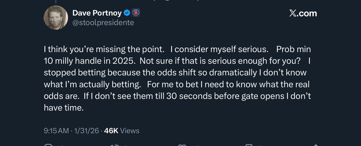 Portnoy is one of racing’s biggest degenerates and they are driving <a href="/stoolpresidente/">Dave Portnoy</a> away from betting on racing because they don’t understand anything about their most loyal customers or the product they are selling, gambling.