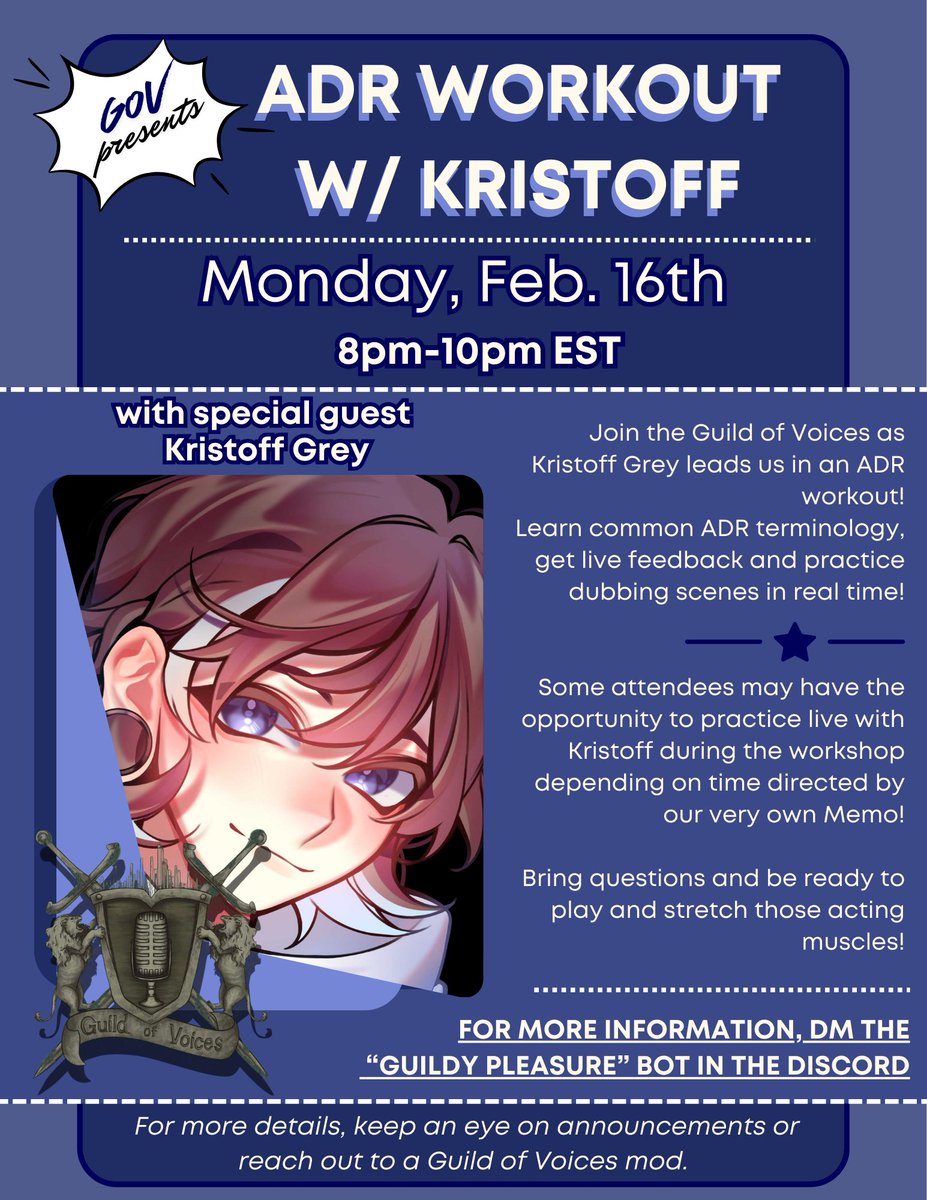 Ever wanted to try dubbing? 👀
This is your chance to give it a shot! 

✨FREE✨ voice acting session hosted by <a href="/KristoffGreyVO/">kristoff || voice actor - audio engineer</a> for ALL experience levels. 

🔗 Below!