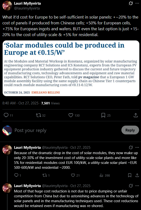 ever decreasing share of PV panel costs of total solar costs (especially in US with 2-3x higher installation costs than elsewhere) means building domestic PV panels is the obvious play for both US and EU. elon is doing it for the US; in europe ???